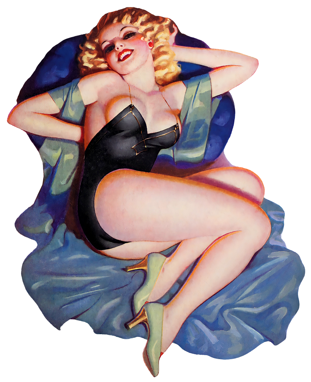 Vintage-style pin-up illustration of a reclining blonde woman in a black bodysuit with a light blue shawl and pale green heels, set against a blue draped backdrop on a white background.