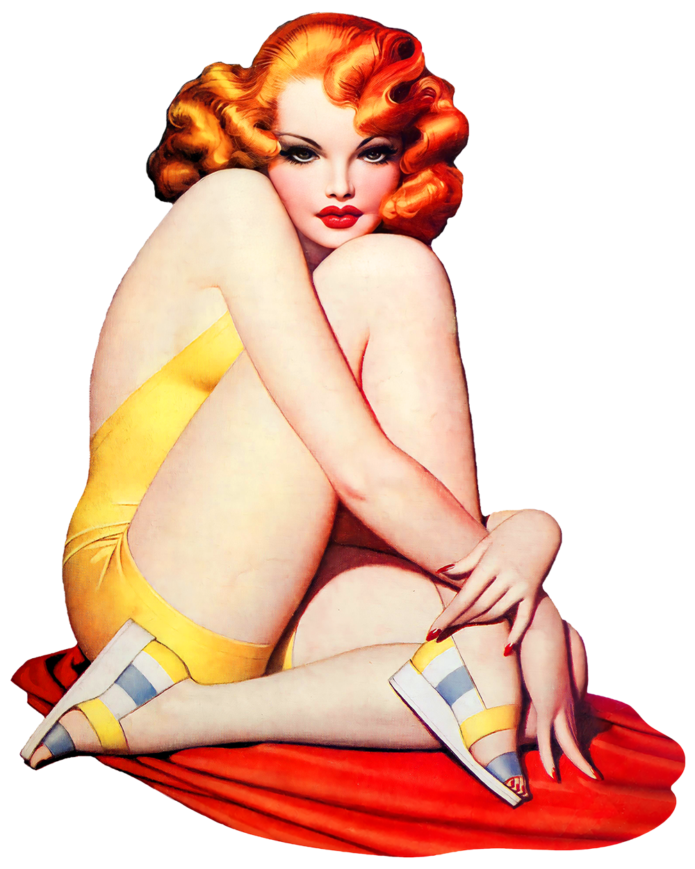 Vintage-style pin-up illustration of a woman with bright red hair and red lips, wearing a yellow one-piece swimsuit and striped yellow-and-white sandals, posed on a red fabric surface against a plain white background.