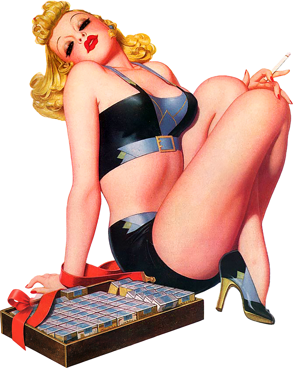 Vintage-style pin-up illustration of a blonde woman reclining in a black and blue lingerie set, holding a cigarette, with a tray of cigarettes on a red ribbon in the foreground against a plain white background.